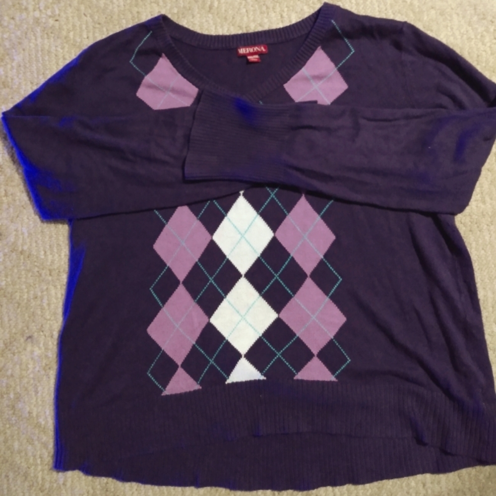 Argyle Purple XL V Neck Knit Sweater